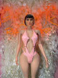 Pink rhinestone one-piece bodysuit with deep V neckline and open back straps