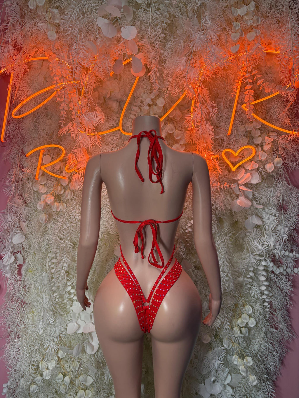 Red rhinestone one-piece bodysuit back with tie straps and open back