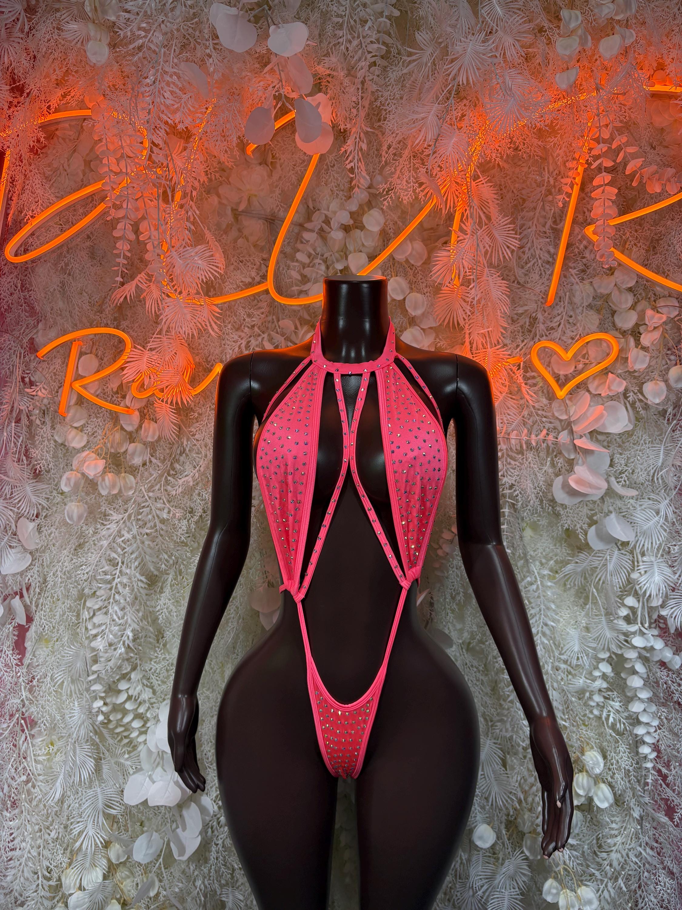 Coral rhinestone one-piece bodysuit with halter neck and strappy cutout front