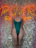 Green mesh one-piece bodysuit with scoop neckline, high-cut legs