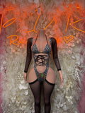 Black one-piece bodysuit, metallic cheetah print, lace-up front, sheer mesh sleeves