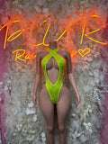 Neon green mesh one-piece bodysuit with crisscross back cutout