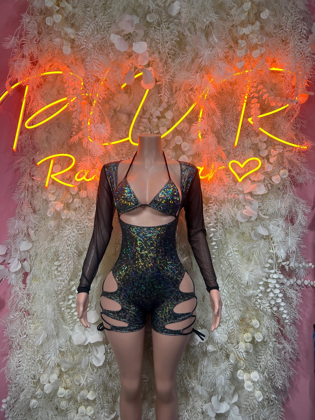 Holographic one-piece bodysuit, dark metallic with long sleeves and cutout shorts