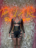 Holographic one-piece bodysuit, dark metallic with long sleeves and cutout shorts