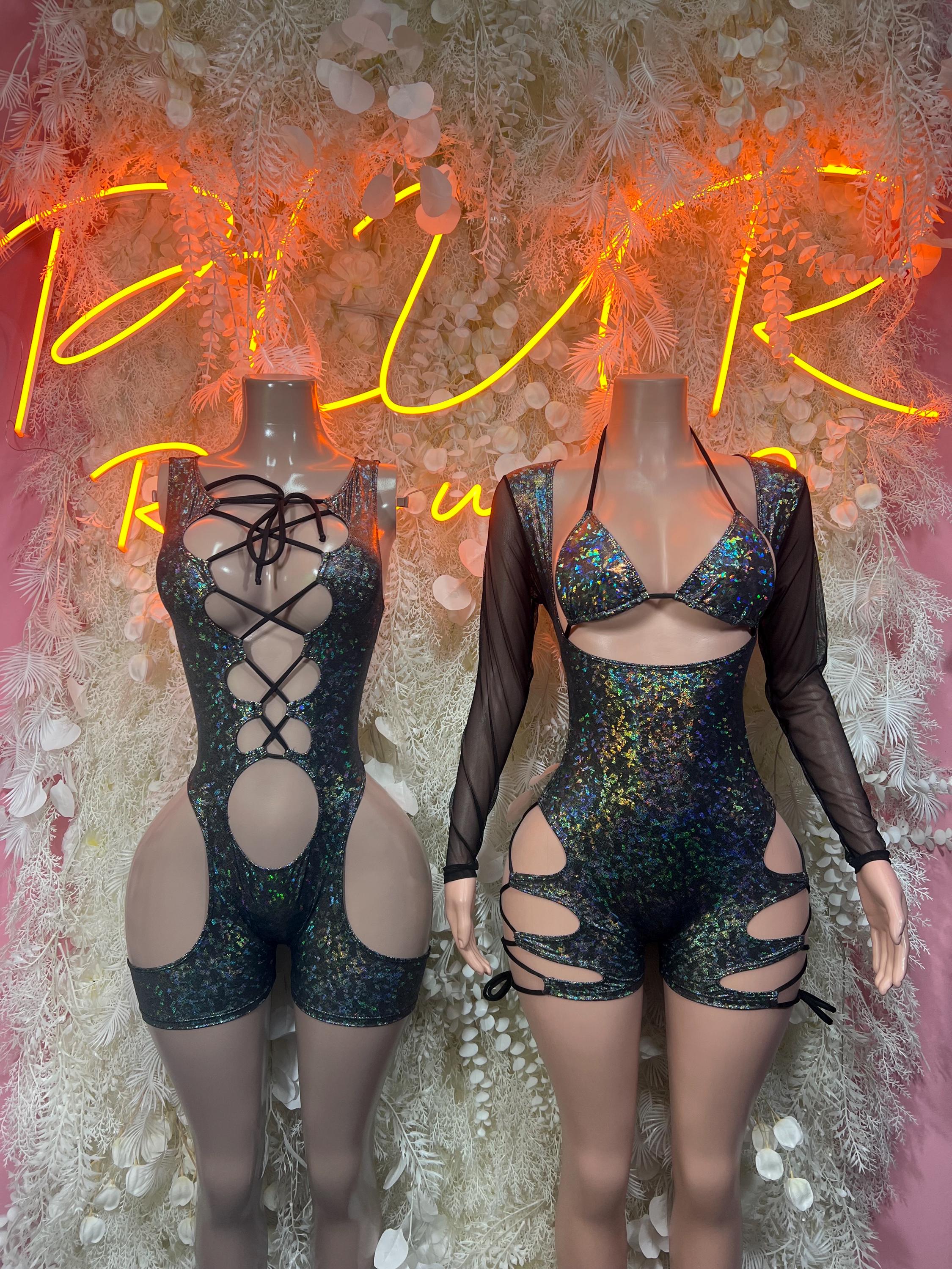 Holographic one-piece bodysuit set, dark metallic front and back with lace-up cutouts