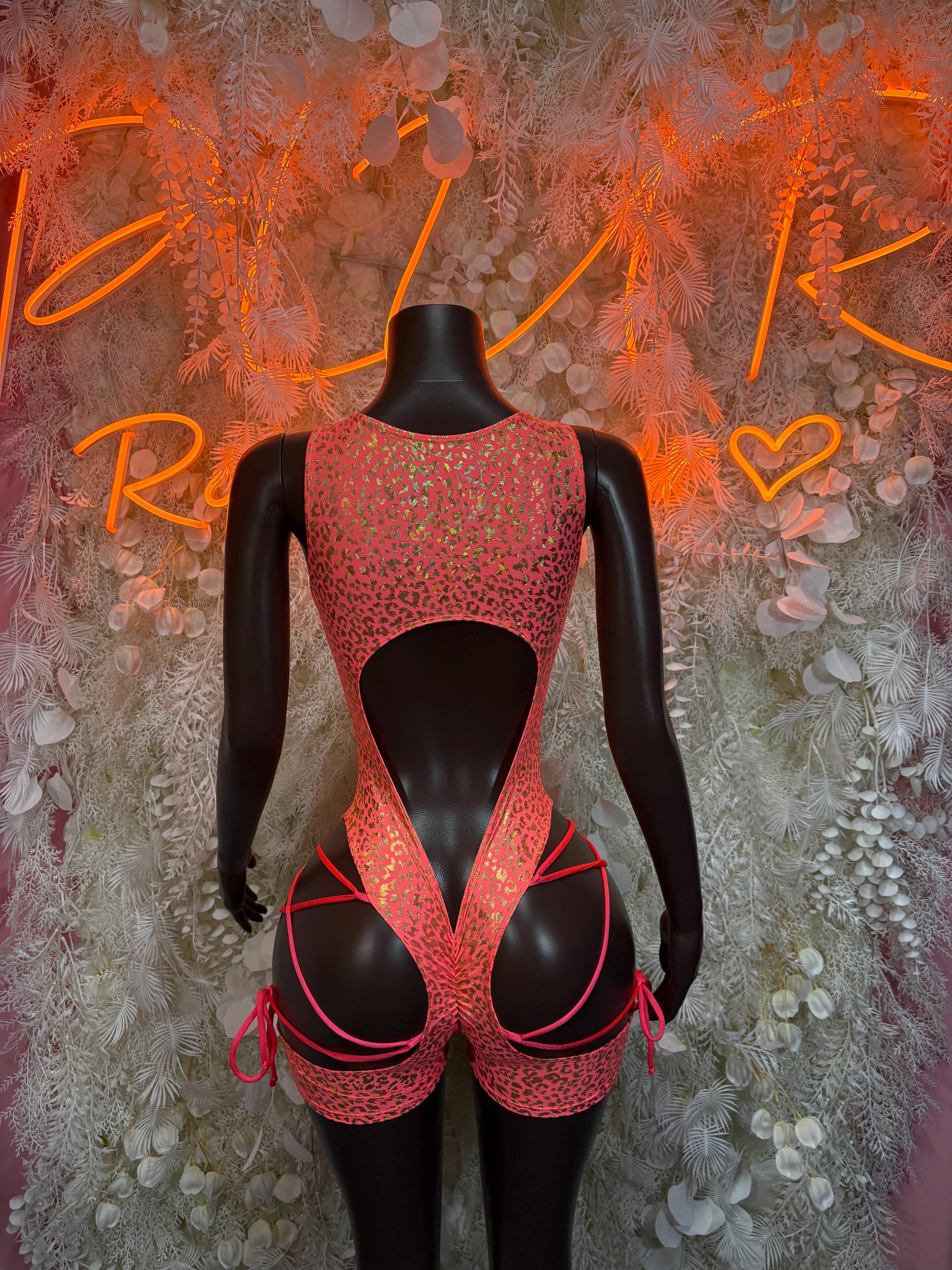 Coral cheetah-print backless bodysuit with lace-up straps and cutout back