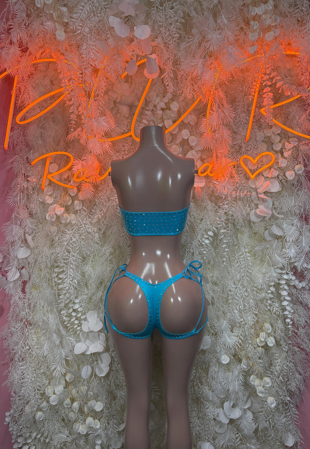 Blue rhinestone two-piece dance set, strappy lace-up back and high-cut briefs
