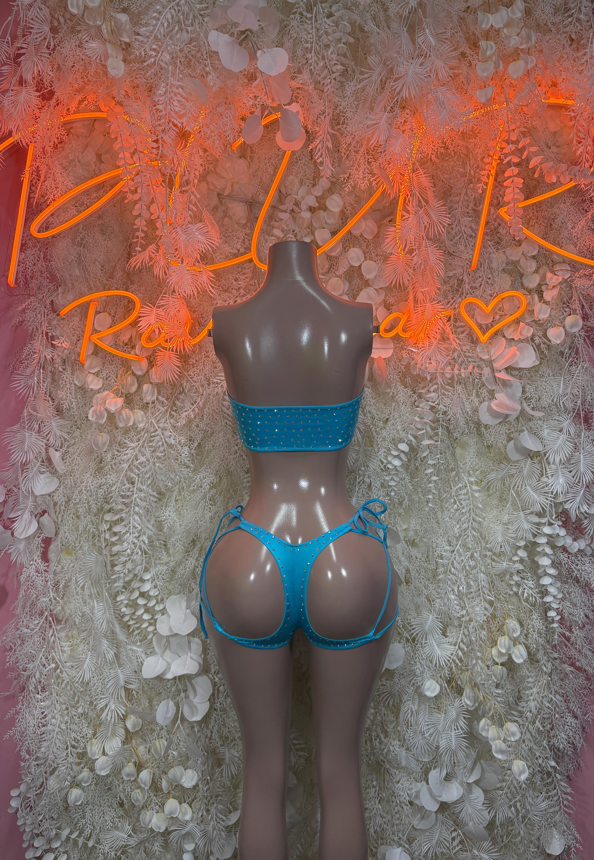 Blue rhinestone two-piece dance set, strappy lace-up back and high-cut briefs