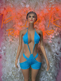 Blue rhinestone halter bodysuit with triangular bra and matching shorts