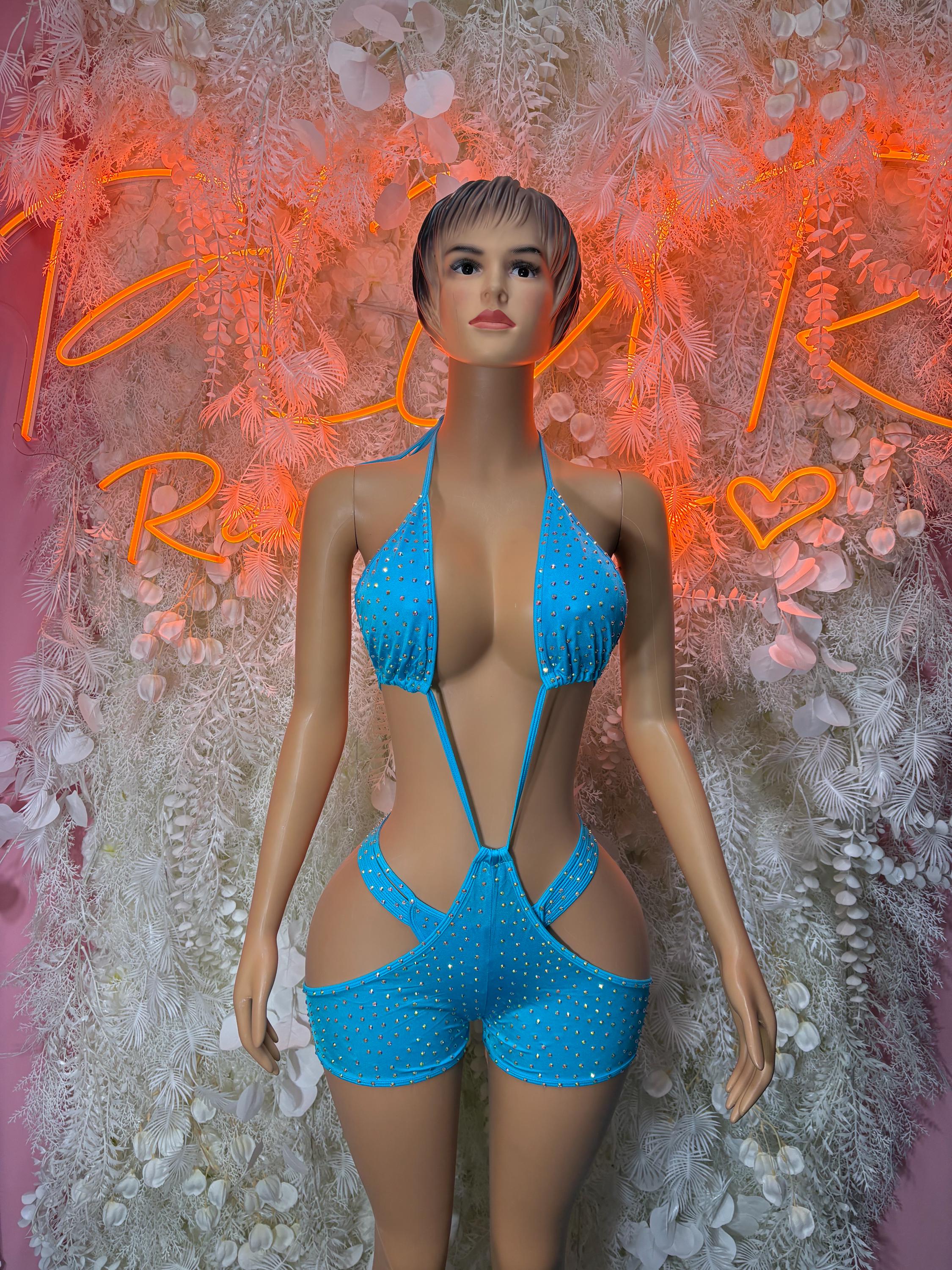 Blue rhinestone halter bodysuit with triangular bra and matching shorts