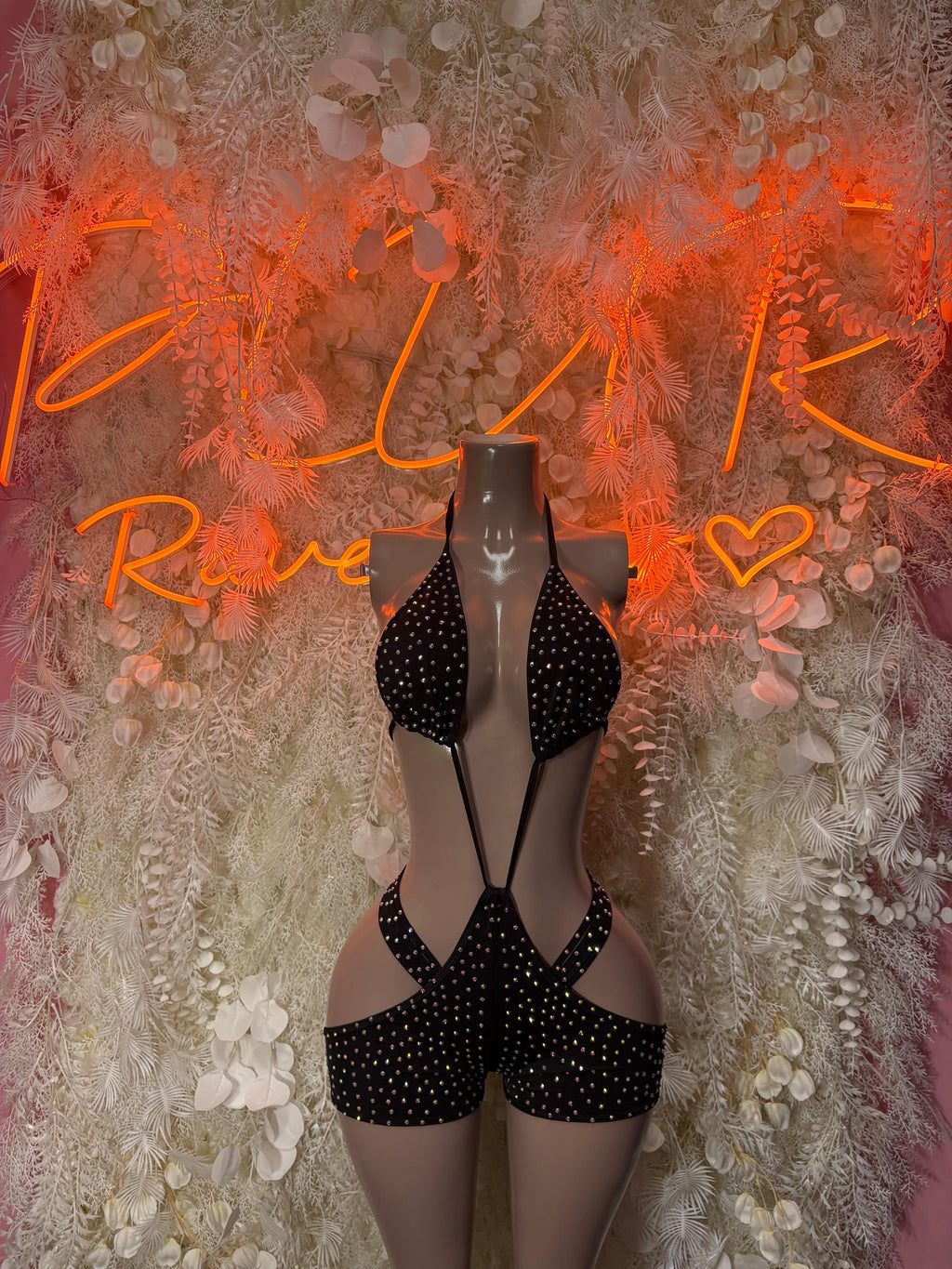 Black rhinestone halter bodysuit with plunging front and back cutouts