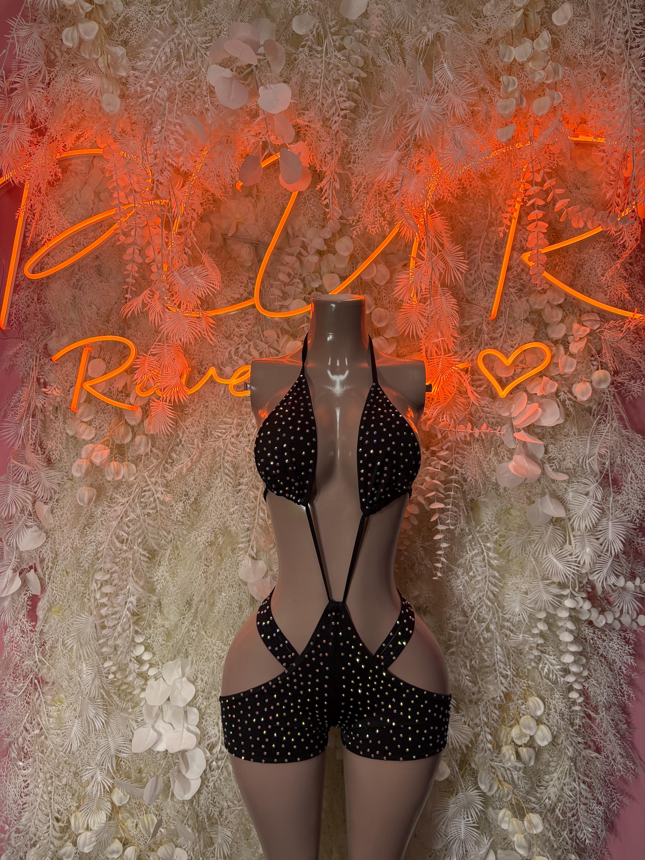 Black rhinestone halter bodysuit with plunging front and back cutouts