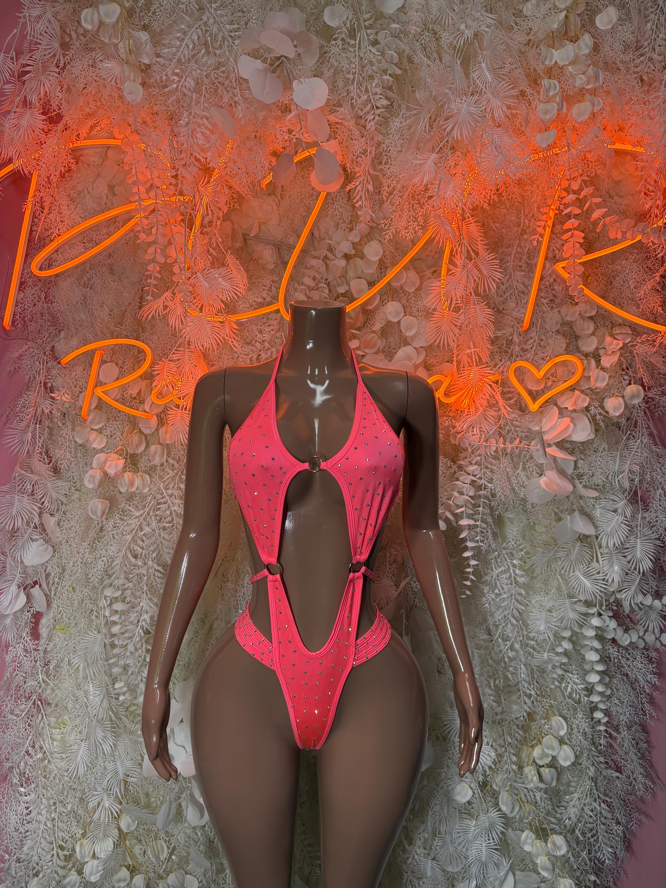 Coral rhinestone one-piece bodysuit with halter neckline and front keyhole cutout