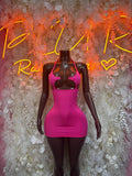 Magenta rave dress with halter bra-style top and cutout bust, sleeveless mini front