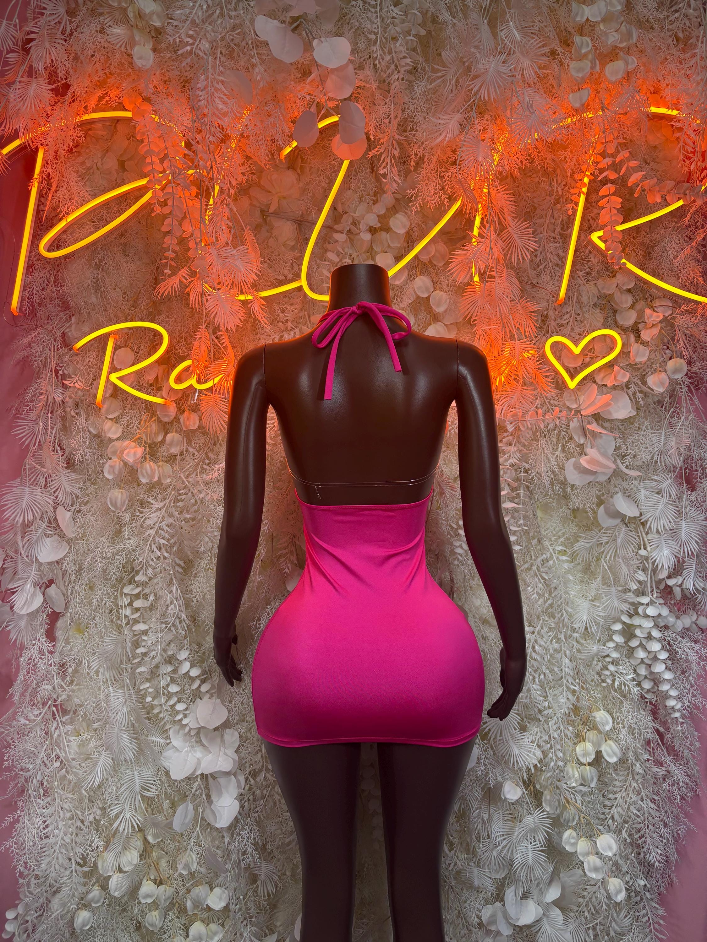 Magenta backless rave dress with tie-back halter and scoop back, sleeveless mini