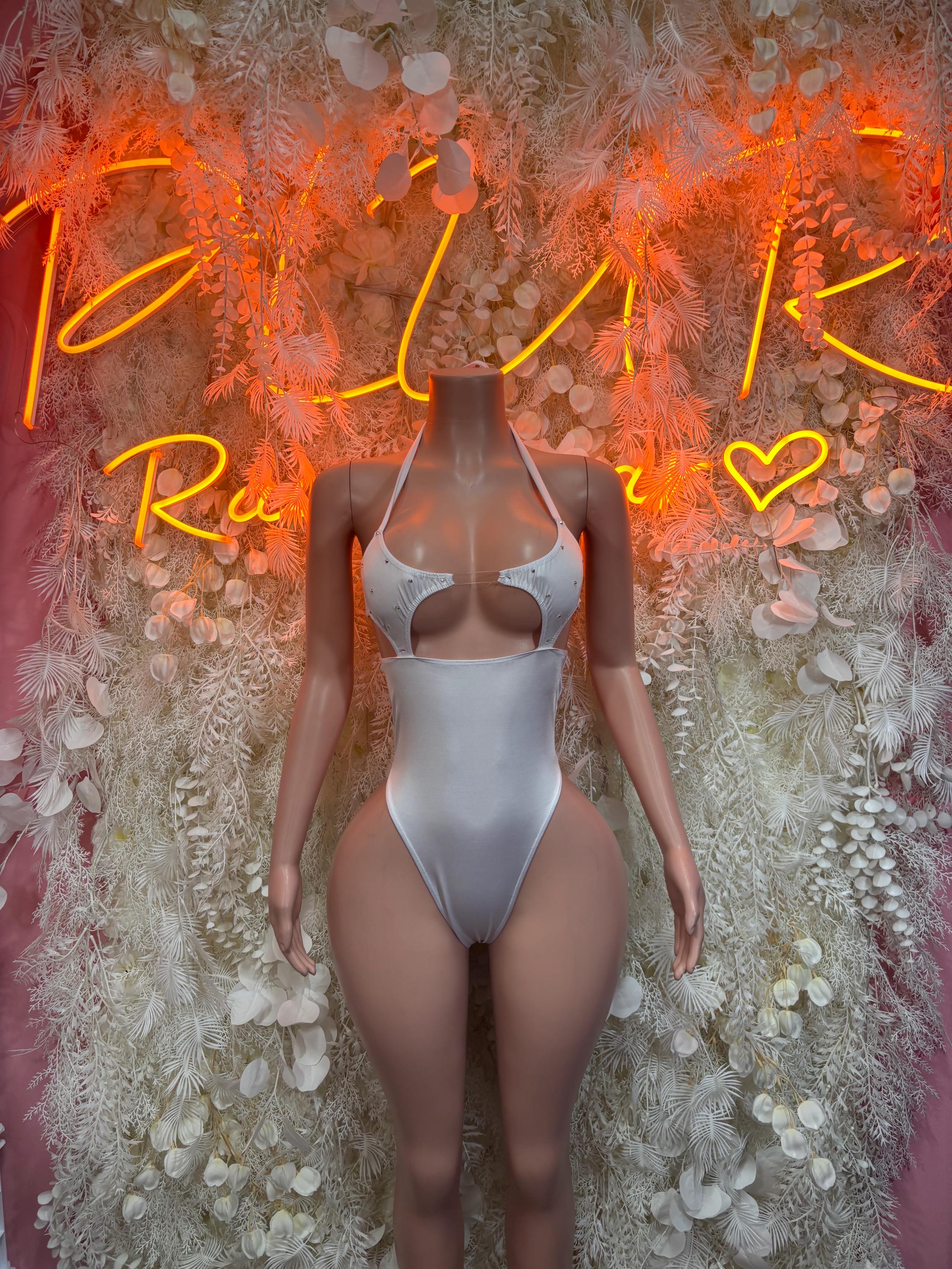 White one-piece bodysuit with molded underwire-style cups and scoop neckline