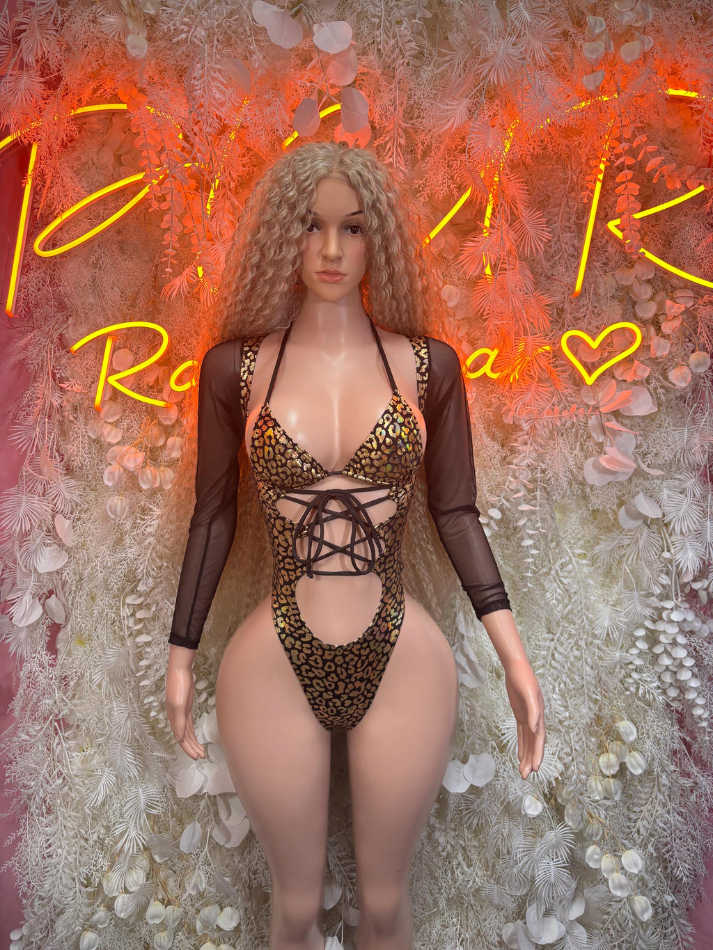 Gold cheetah-print lace-up front bodysuit with long sleeves