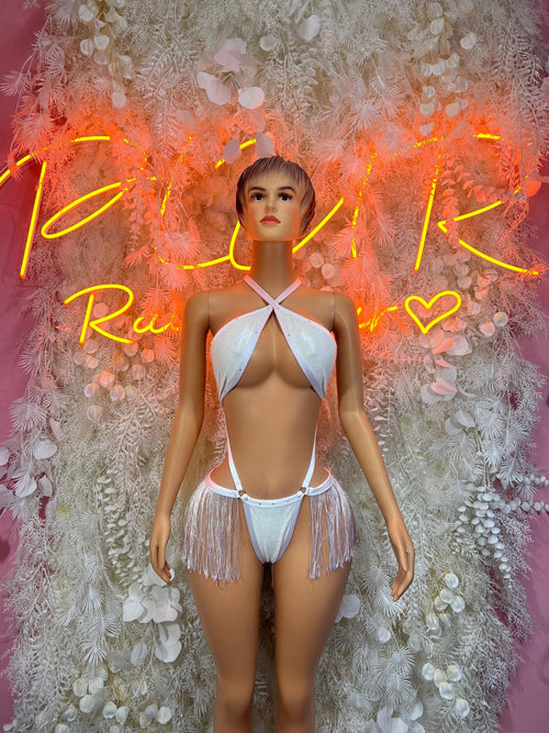 White two-piece rave costume: halter bra with backless X straps and fringe bottoms