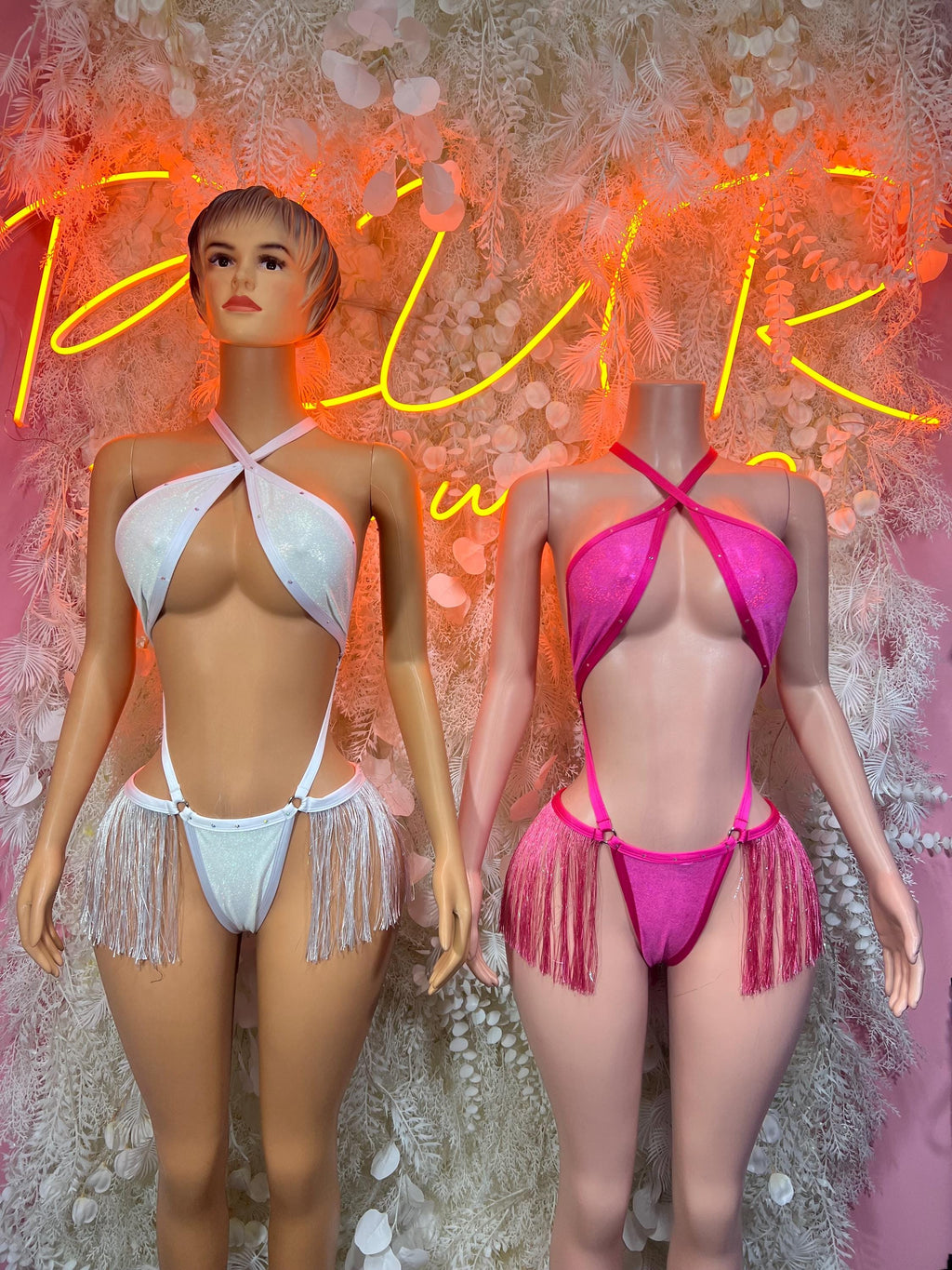 Two-piece festival costumes: white halter fringe front and pink halter fringe backless