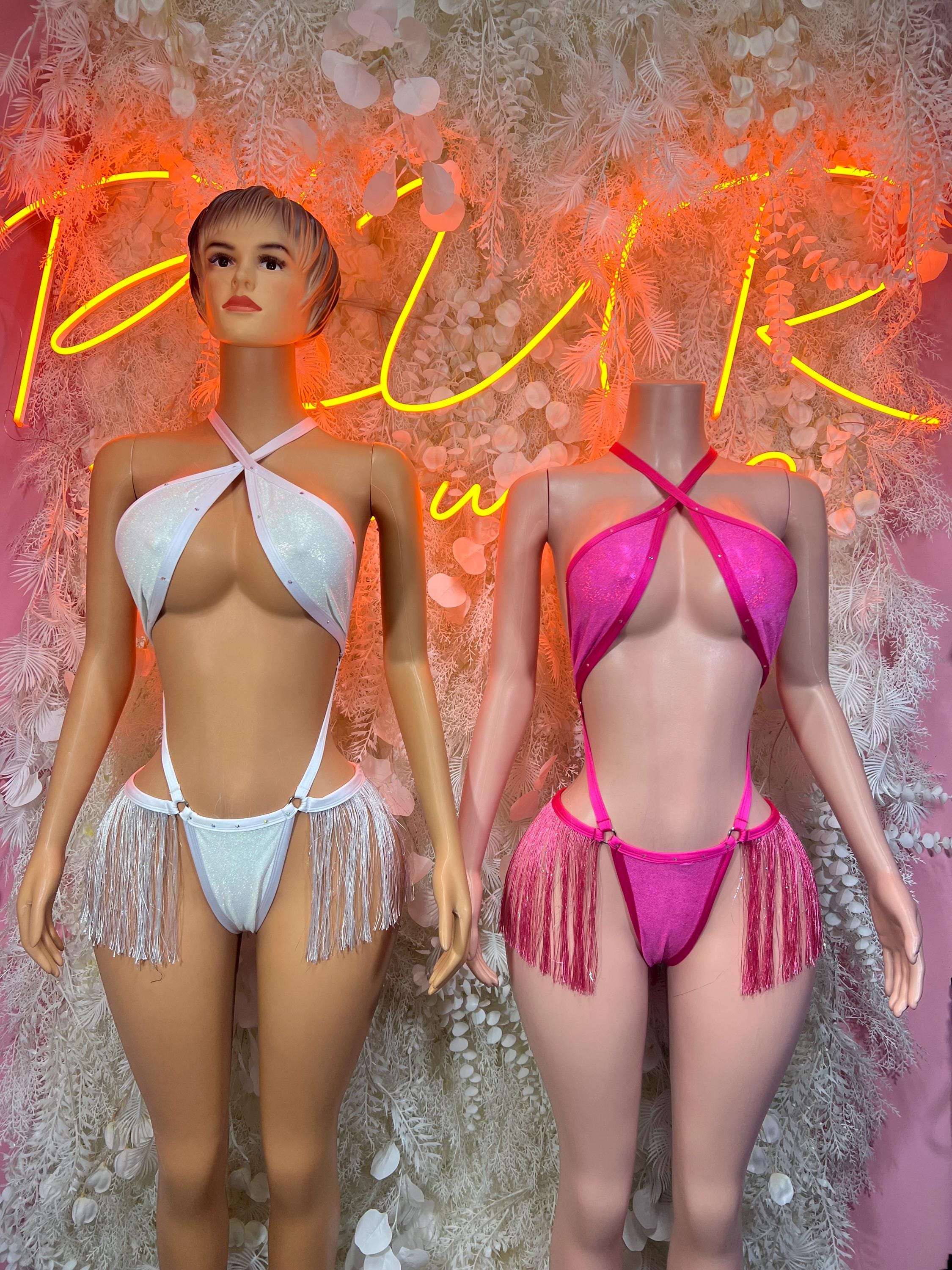 Two-piece festival costumes: white halter fringe front and pink halter fringe backless