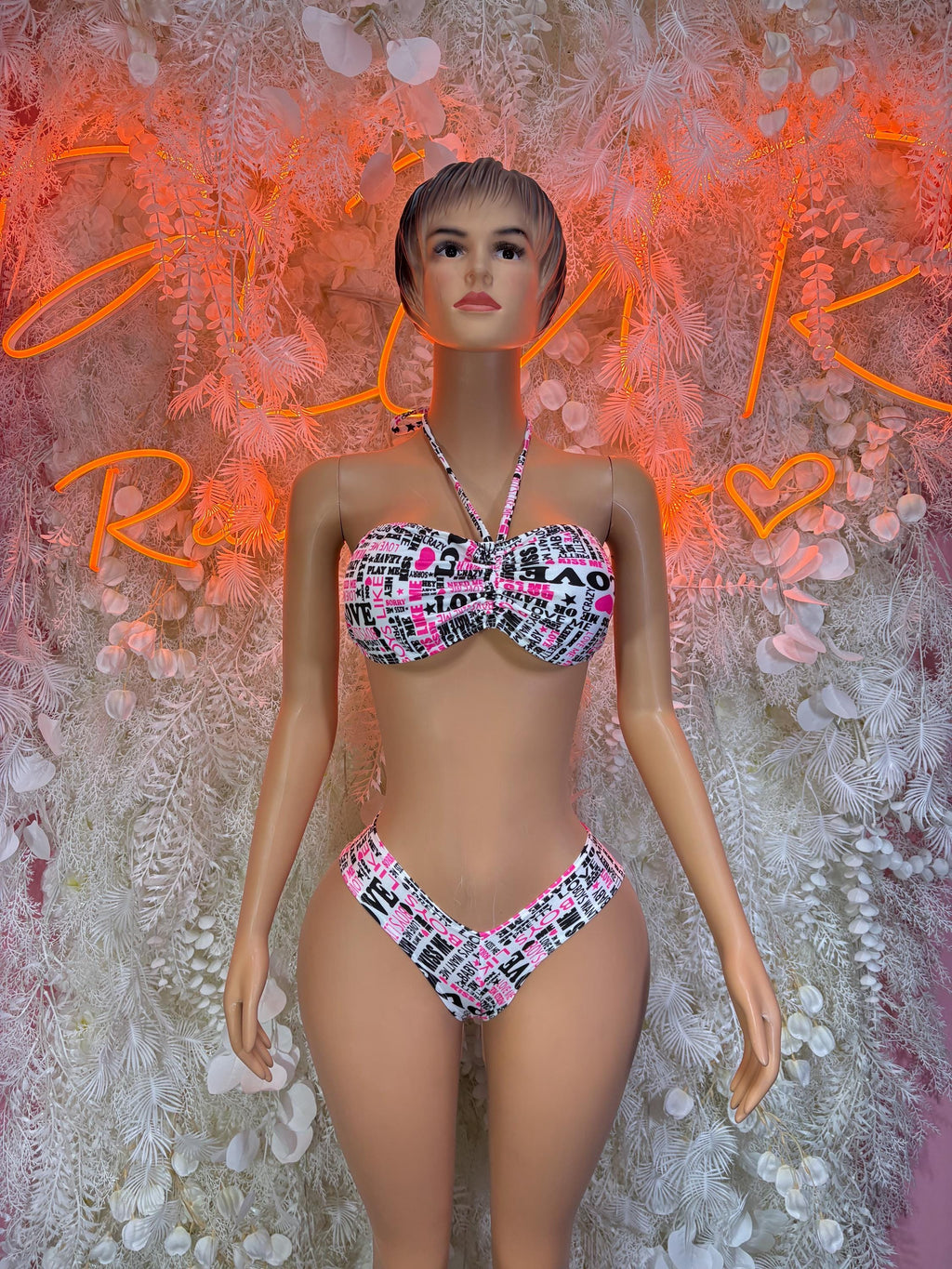 Multicolor patterned rave two-piece: strap bikini top and matching high-cut briefs
