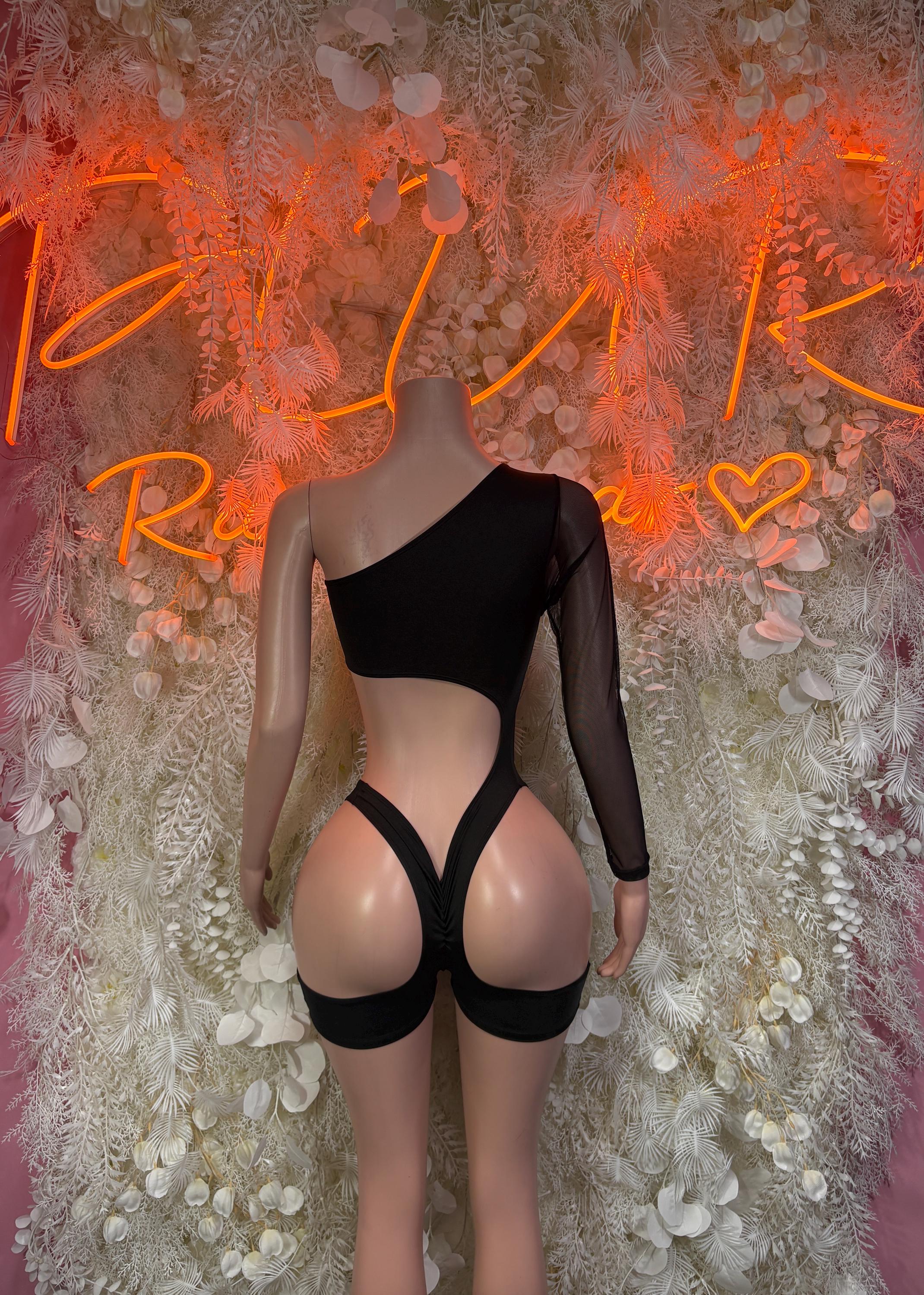 Black mesh long-sleeve bodysuit with front keyhole and high-cut leg openings