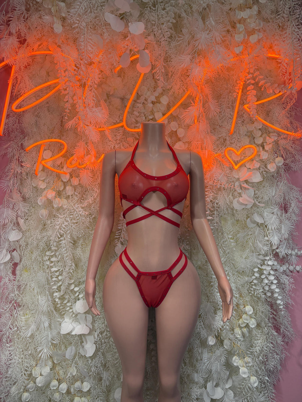 Ravewear red strappy one-piece bikini with crisscross front and high-cut bottom