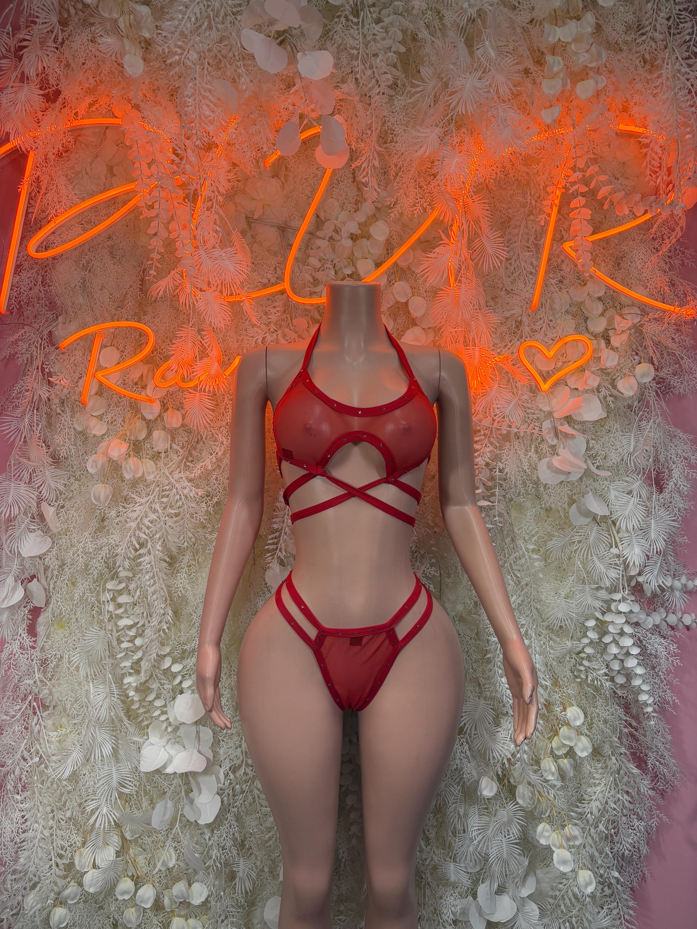 Ravewear red strappy one-piece bikini with crisscross front and high-cut bottom