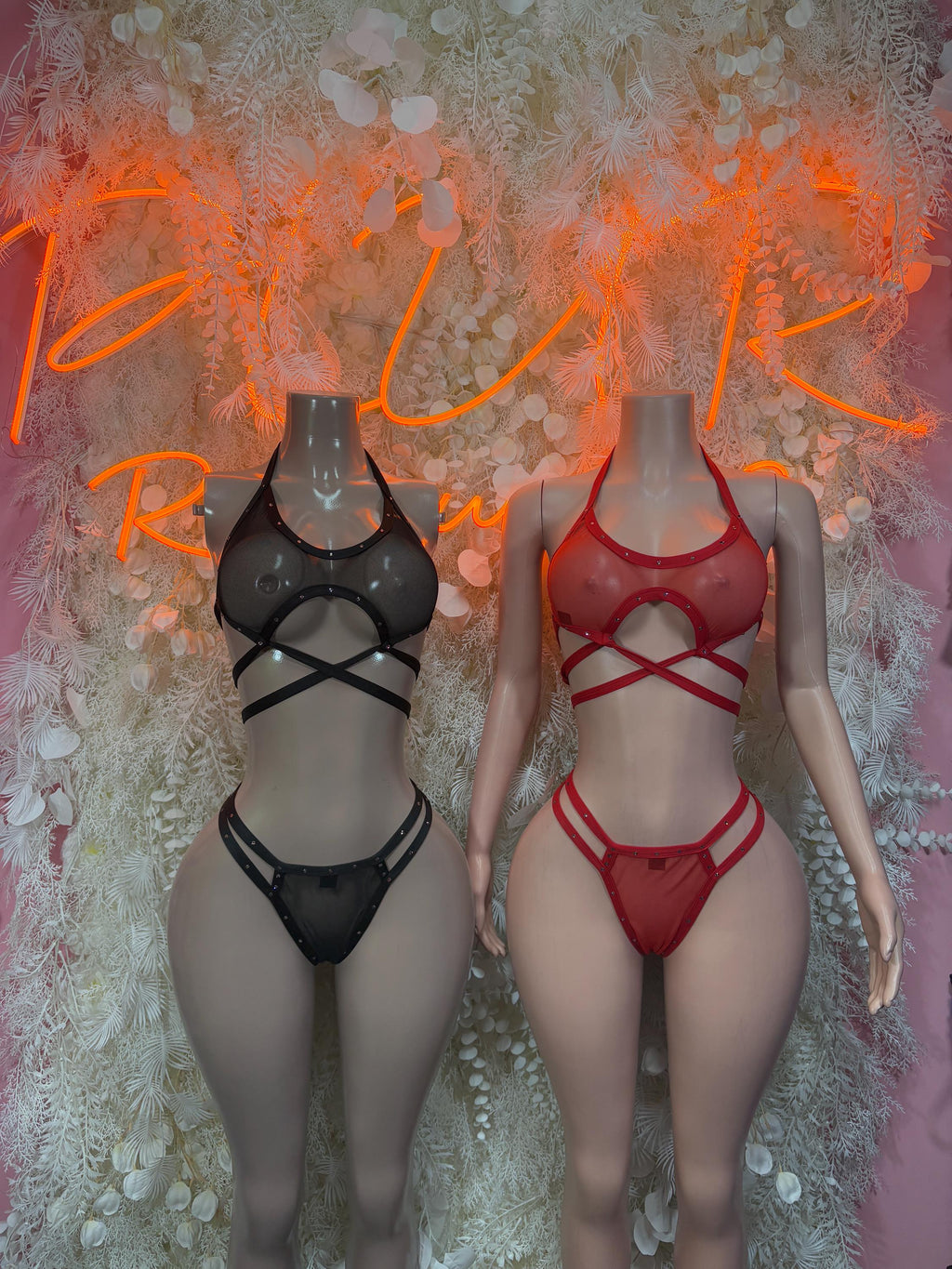 Black and red strappy rave bikinis with halter necks and crisscross waist straps