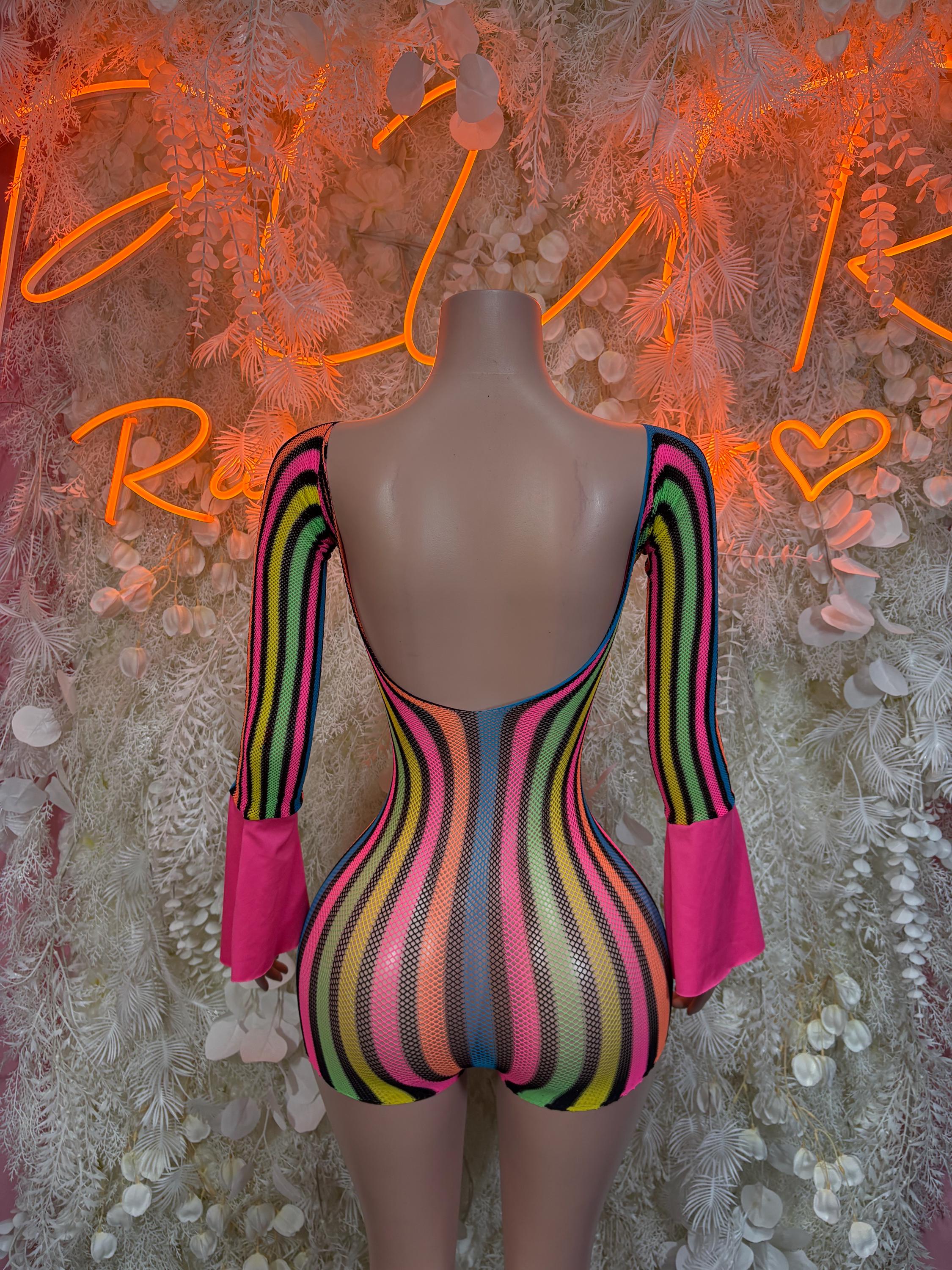 Multicolor striped one-piece romper with back cutout and long flared sleeves