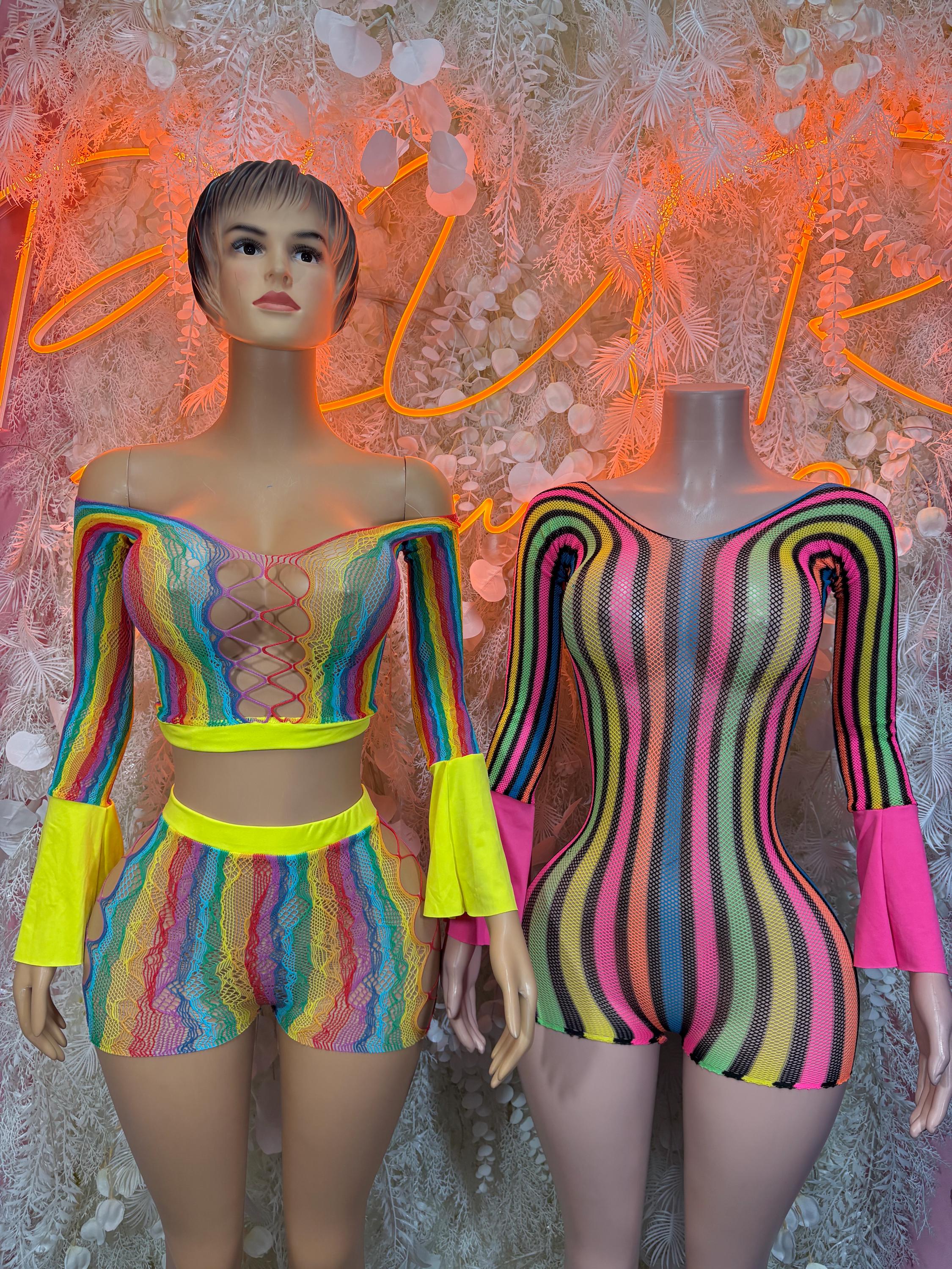 Rainbow striped one-piece romper plus rainbow crop top and matching shorts set
