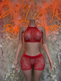 Red fishnet bodysuit set with high-neck bra top and matching short shorts, front view