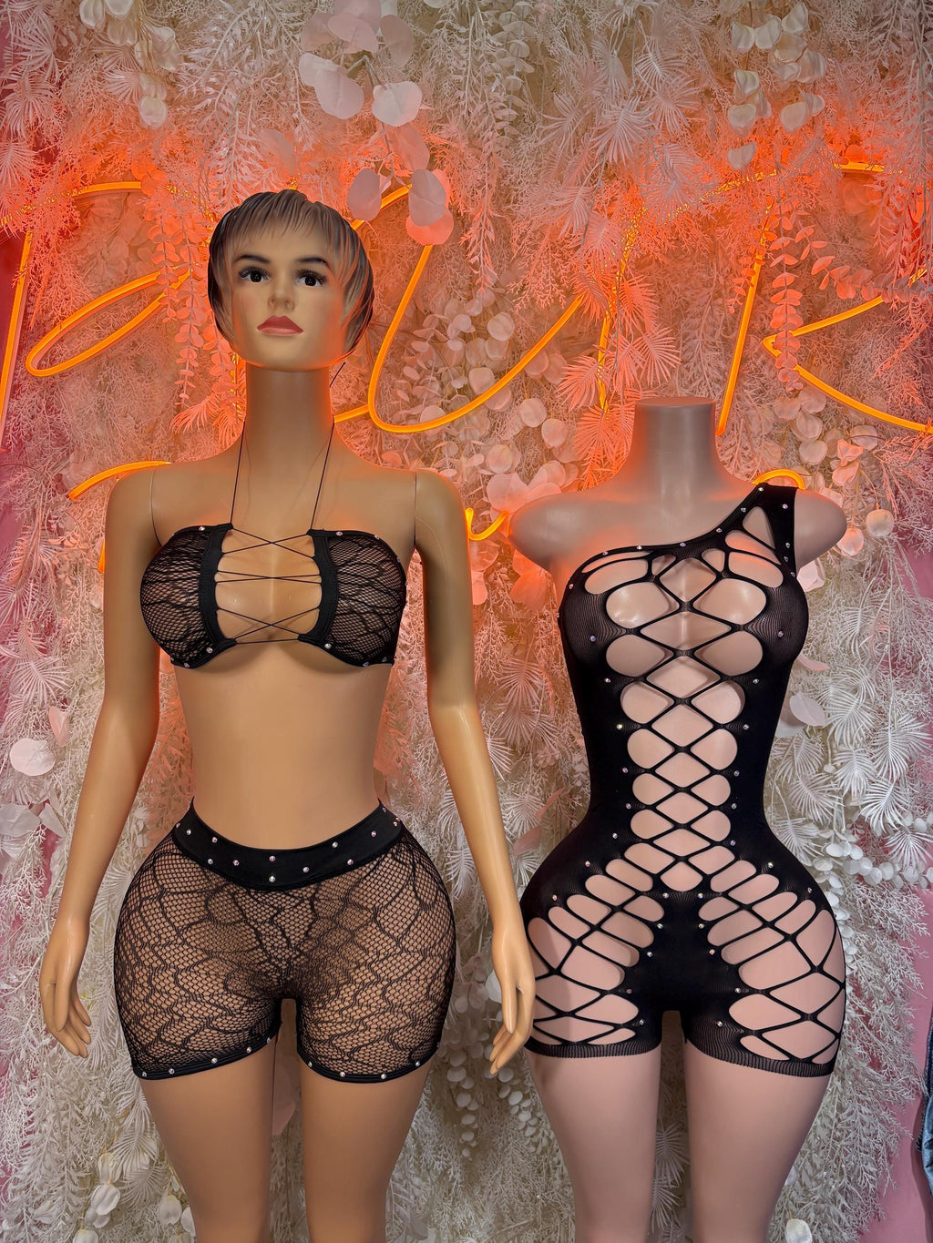 Fishnet bodysuit set with open-back lattice panel and shorts
