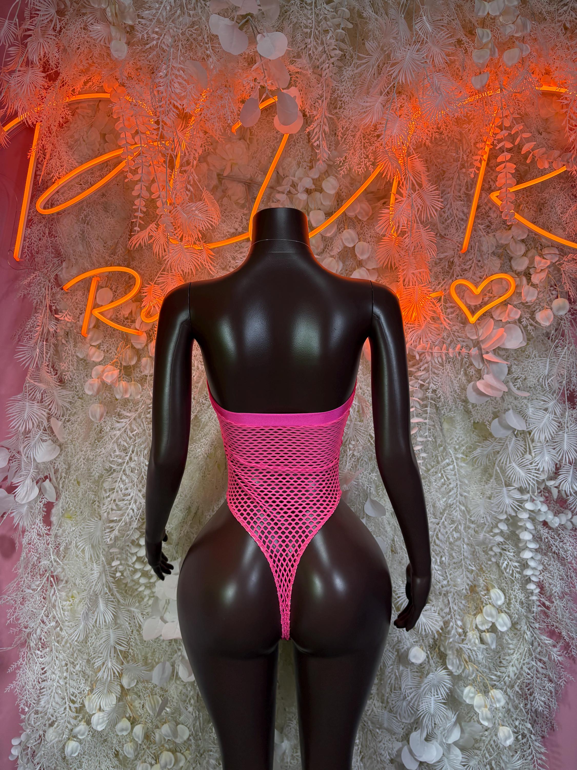 Pink fishnet rave bodysuit with V-back and thong cut