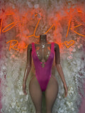 Pink metallic halter bodysuit with deep V front and high-cut legs
