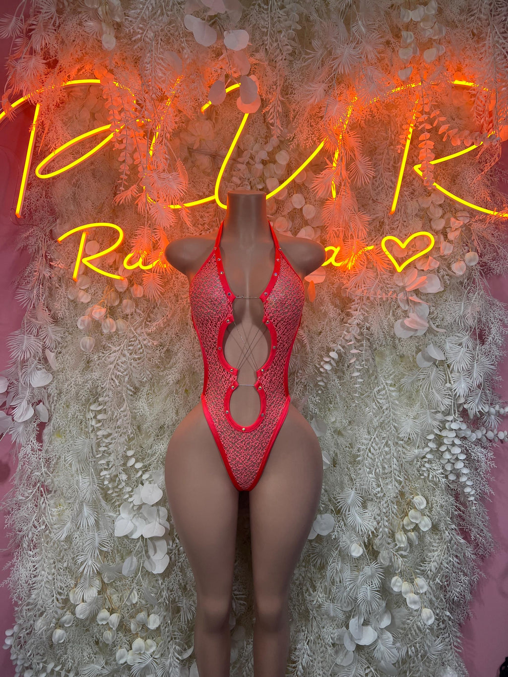 Coral fishnet bodysuit with cutout thong front and high-leg straps