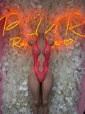 Coral fishnet bodysuit with cutout thong front and high-leg straps