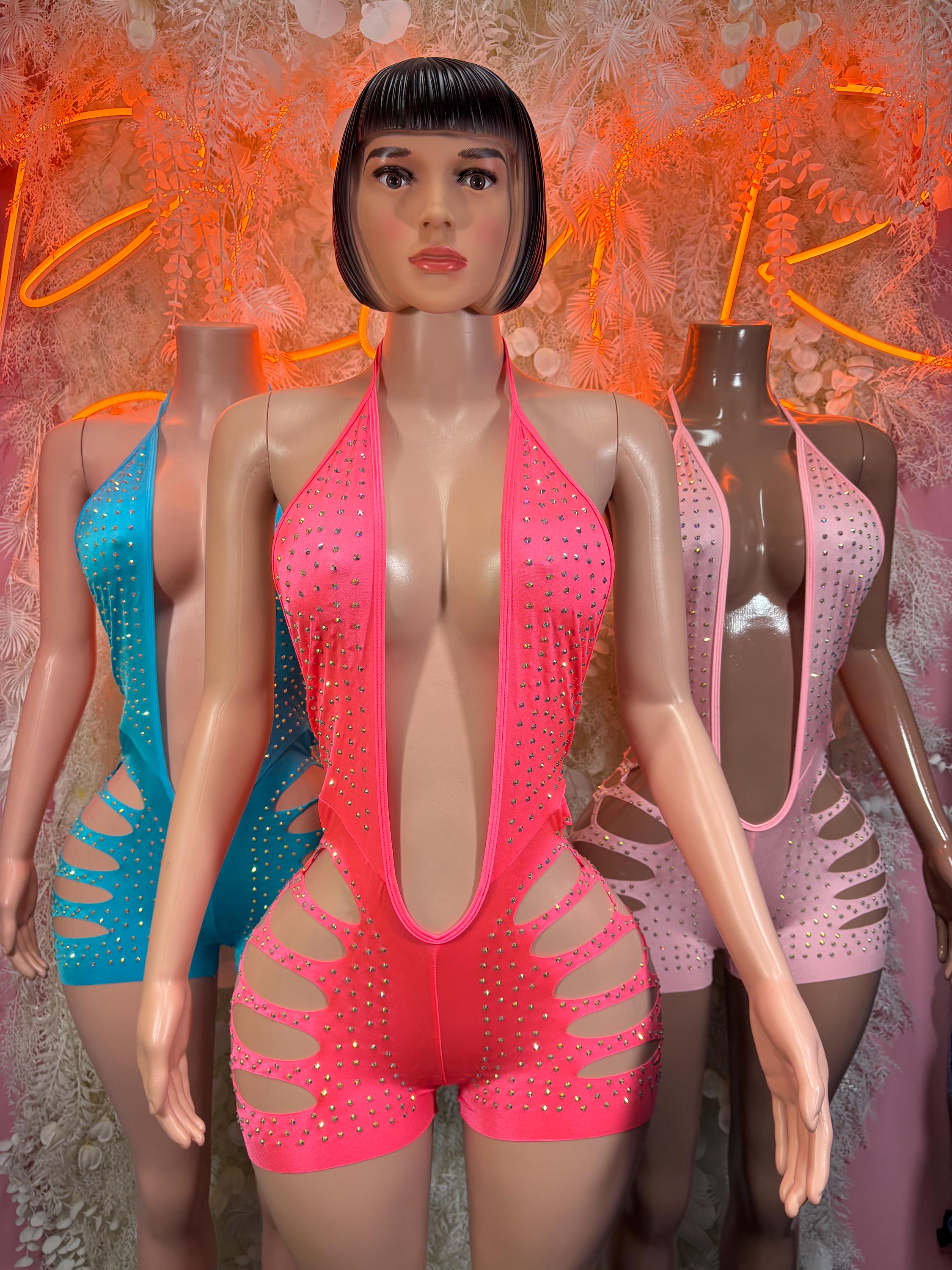 Pink rhinestone one-piece bodysuit with halter neckline and cutout front