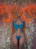 Blue rhinestone one-piece bodysuit with cheeky cutout and halter straps