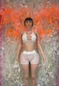 White rave two-piece bodysuit set with lace bra top and matching high-waist shorts