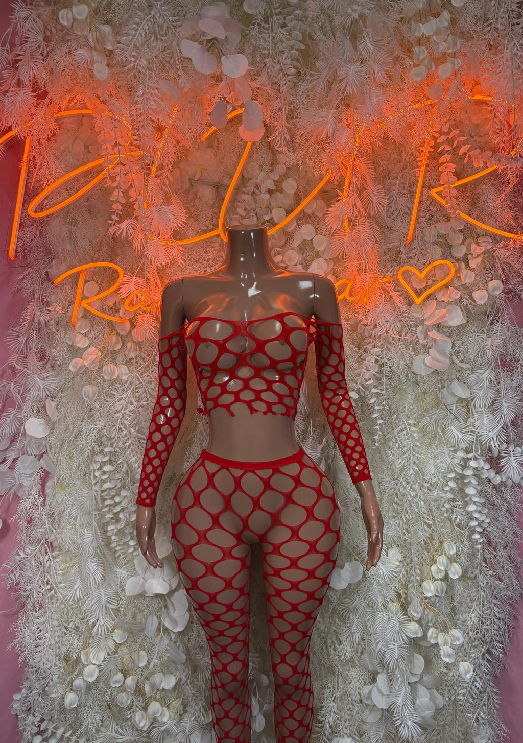Red fishnet bodysuit set with long sleeves and high-waist bottoms