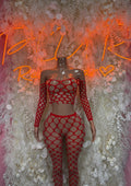 Red fishnet bodysuit set with long sleeves and high-waist bottoms