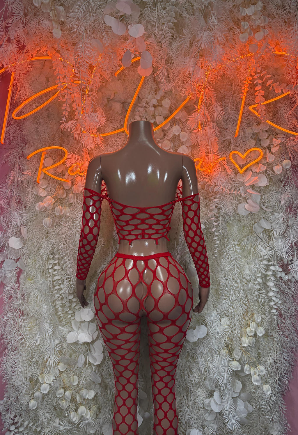 Red fishnet bodysuit set, strappy back long-sleeve top and high-waist bottoms