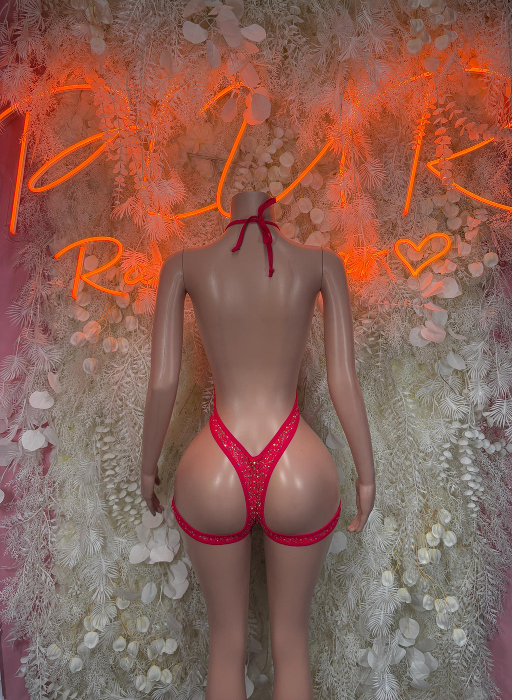 Red lace rhinestone bodysuit with strappy back and thong-style bottom
