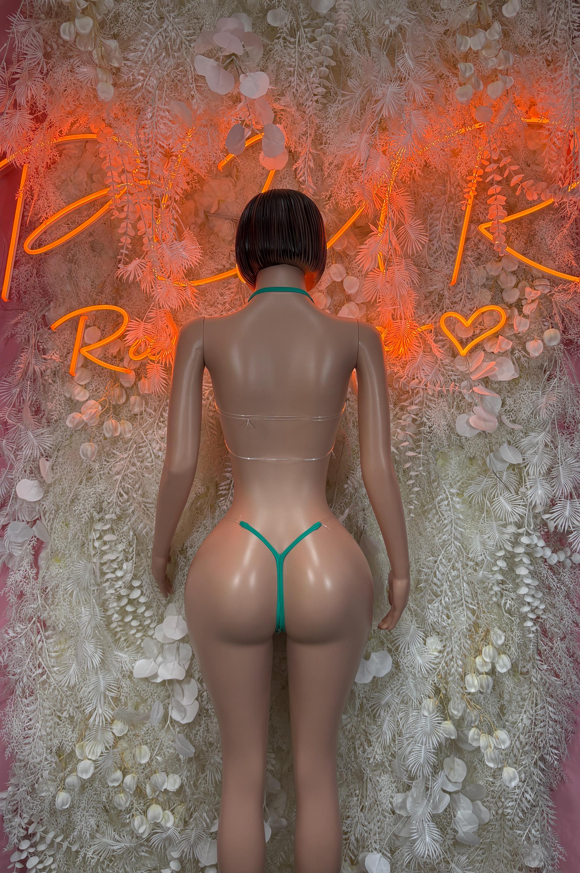 Green rhinestone bikini with triangle back and cheeky matching bottoms