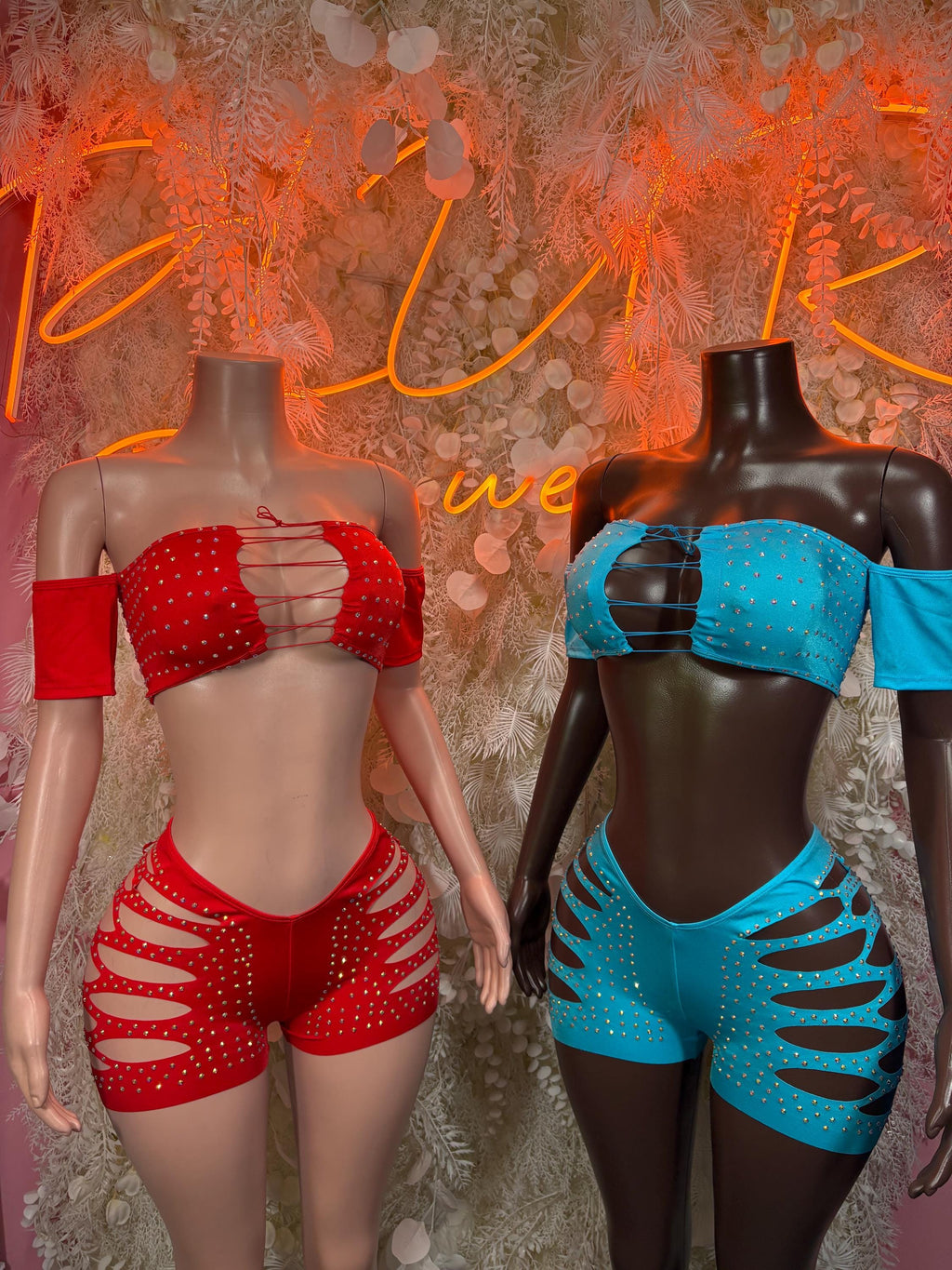 Turquoise rhinestone rave two-piece on right: off-shoulder bandeau and cutout shorts