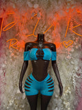Turquoise rhinestone rave two-piece with off-shoulder bandeau top and cutout shorts