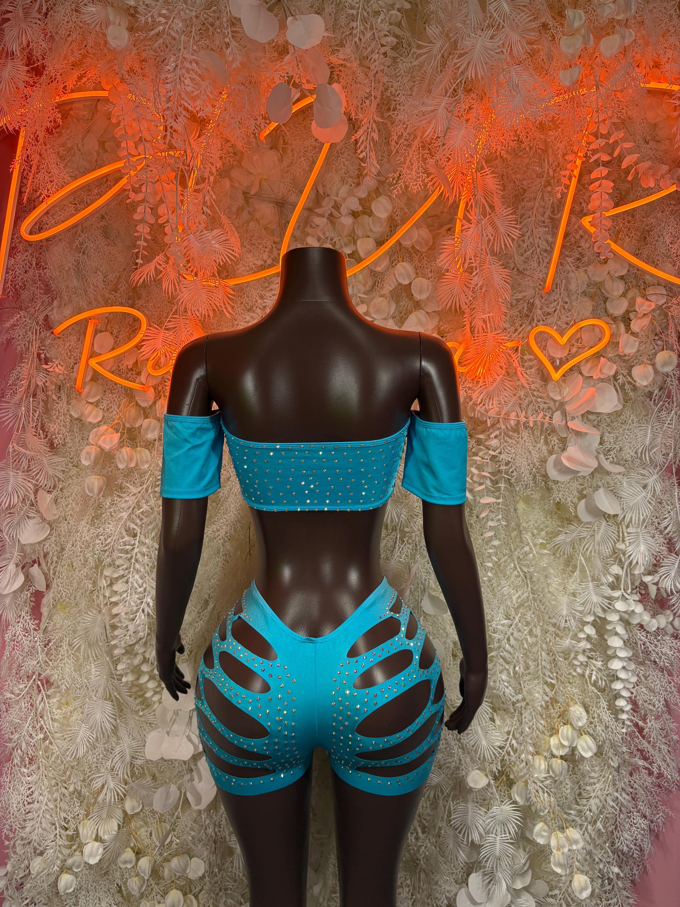 Turquoise rhinestone rave two-piece: off-shoulder bandeau and strappy cutout shorts
