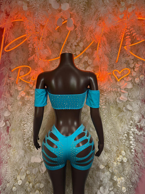Turquoise rhinestone rave two-piece: off-shoulder bandeau and strappy cutout shorts