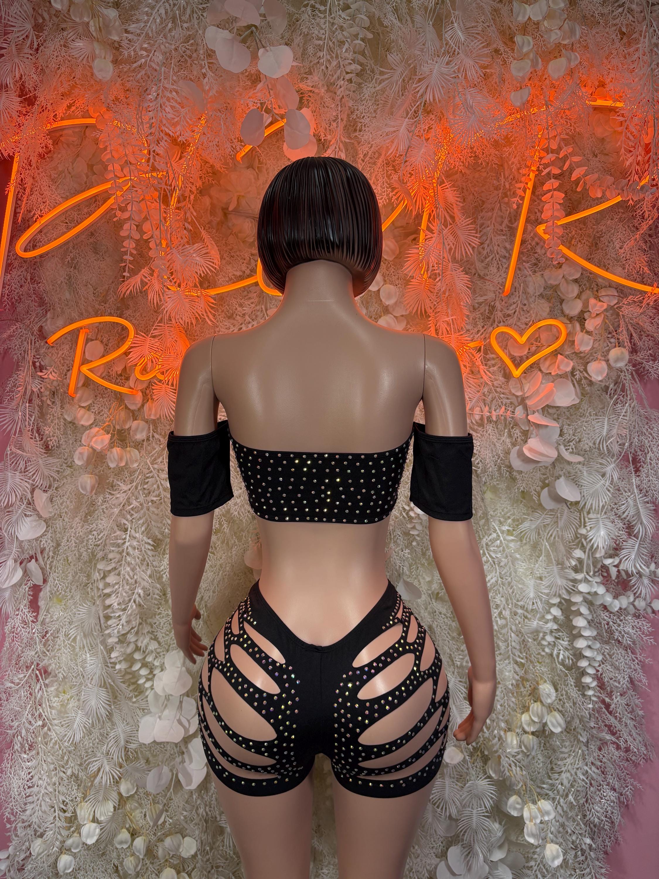 Black rhinestone two-piece bodysuit with off-shoulder sleeves, strappy back
